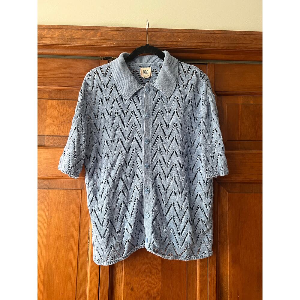 BDG Women's Open Knit Crochet Cardigan Sweater Short Sleeve Powder Blue Size L - Picture 9 of 10
